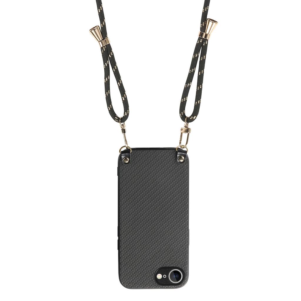 For iPhone 16e Case Carbon Fiber Texture PU+PC+TPU Anti Drop Phone Cover with Crossbody Lanyard