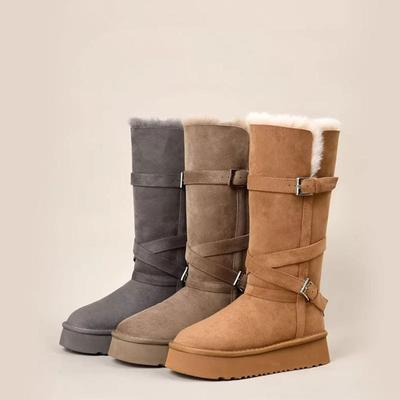 Зимние женские ботинки из натурального меха, интегрированные теплые на толстой подошве, новые зимние женские ботинки средней высоты с пряжкой, утолщенные хлопковые ботинки