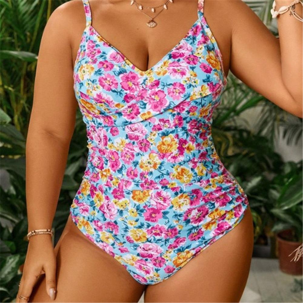 Large Size Swimsuits, Floral Bikini, Drawstrings, Women's One-piece Swimsuits