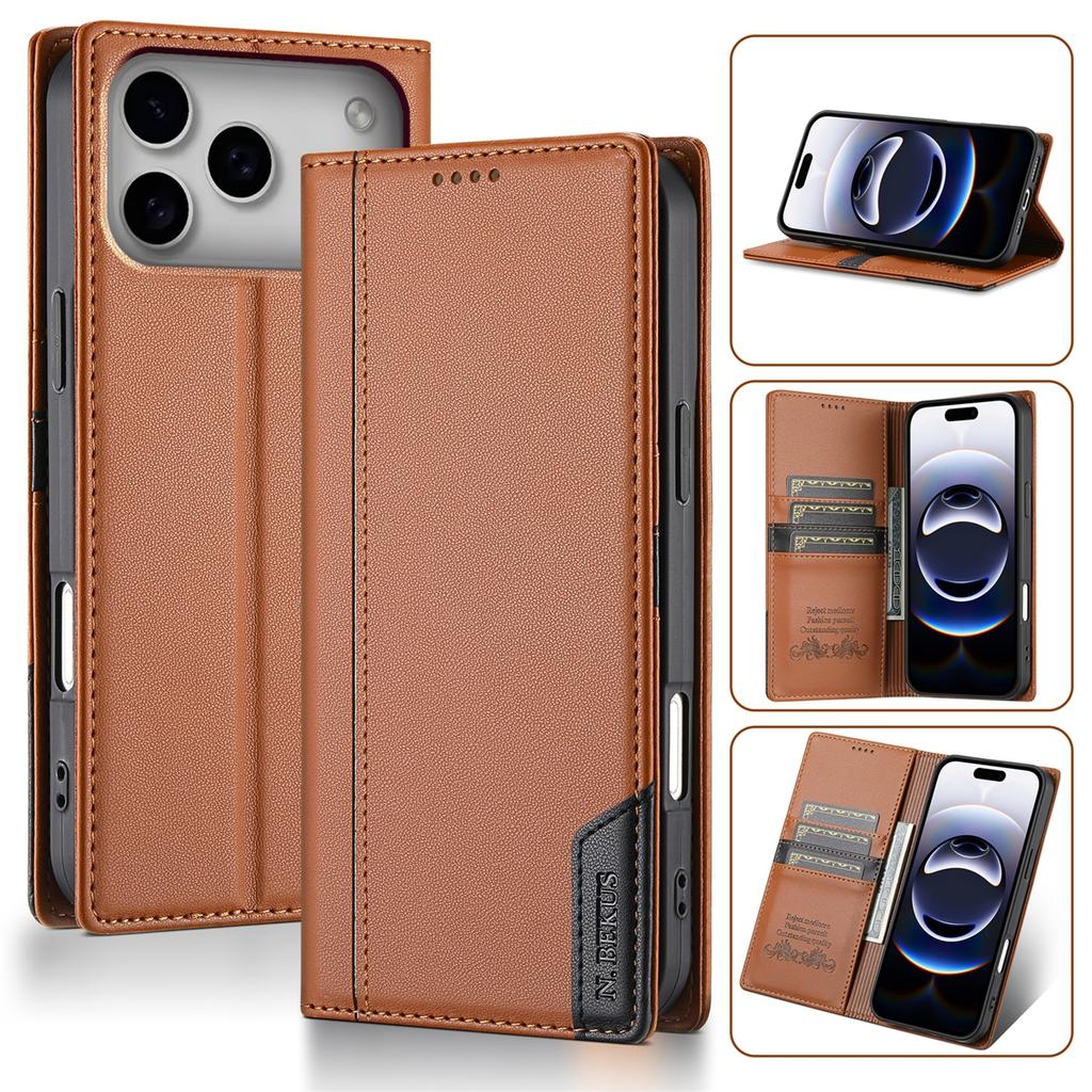 Wallet Double Hem Stitching With Card Slot RFID Blocking Flip Leather Case For iPhone Air 17 Pro Max 16e 15 Plus 14 13 12 11 XR