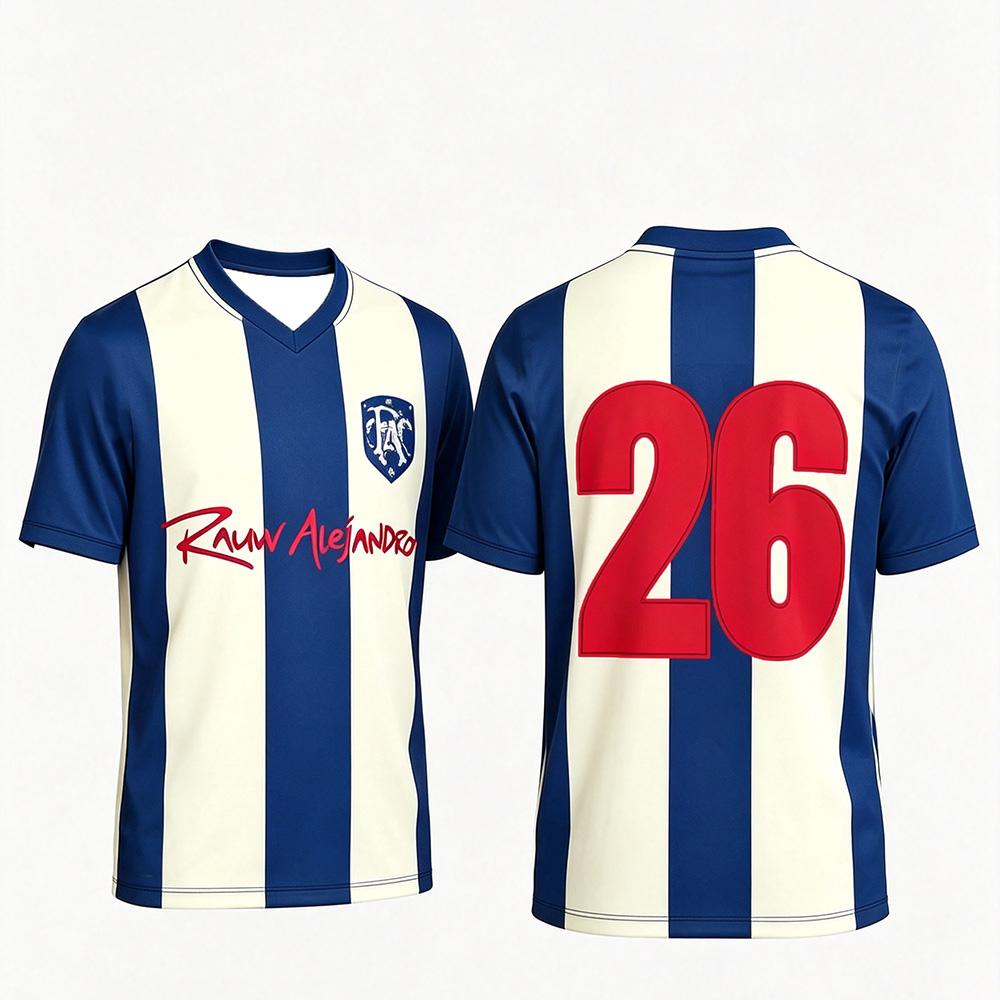 Rauw Alejandro Soccer Jersey V‑Neck Short Sleeve Blue White Vertical Stripes 26 Number Graphic Unisex 3D Full Print Sport Jersey