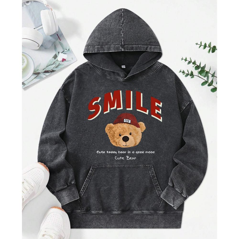Doll Bear Wearing Hat Design Washed Hoody Female Personality Oversize Hoodie Cotton Trendy Streetwear Soft Comfortable