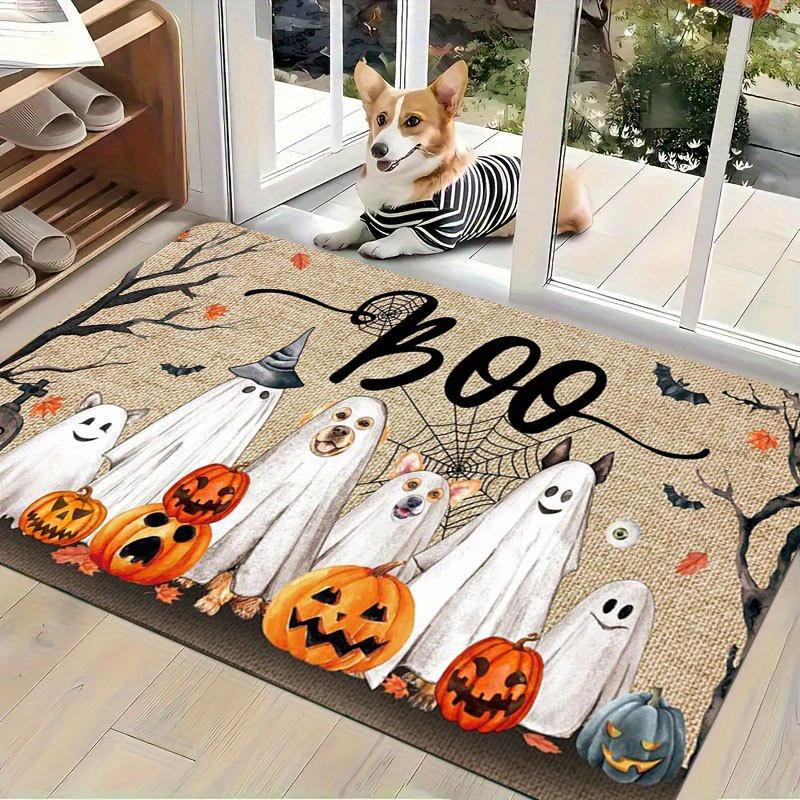 1pc Halloween Doormat - Scary Dog, Pumpkin, Bat Design, Outdoor Entrance Mat, Fleece Material, Plastic Backing, Machine Washable, Suitable for Hallway