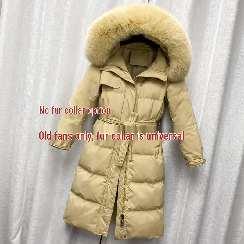 Women's 2024 Trendy Lightweight Over-Knee Down Jacket with Waist Tie - White Duck Down Winter Coat