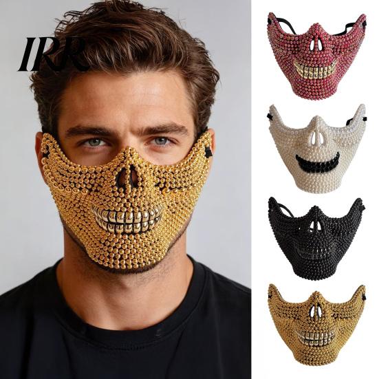 Diamond Skull Half Mask Halloween Face Mask, Rhinestone Punk Knight Masquerade Prop Resistant Bending Skeleton with Adjustable Straps, Lightweight