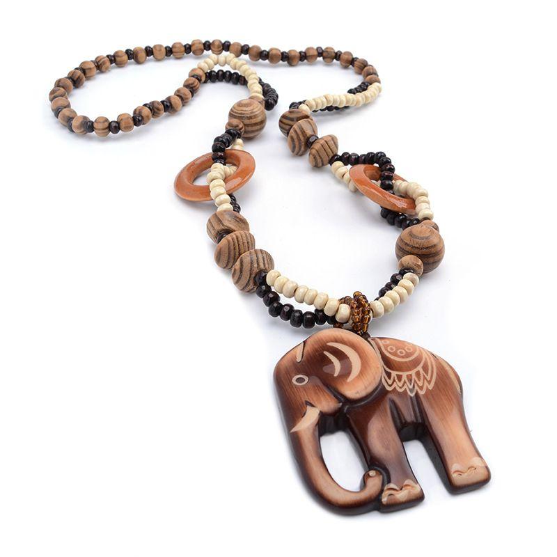 Wholesale Price Hot Sale for Women Necklace Long Hand Made Bead Wood Elephant Pendant Ethnic Style