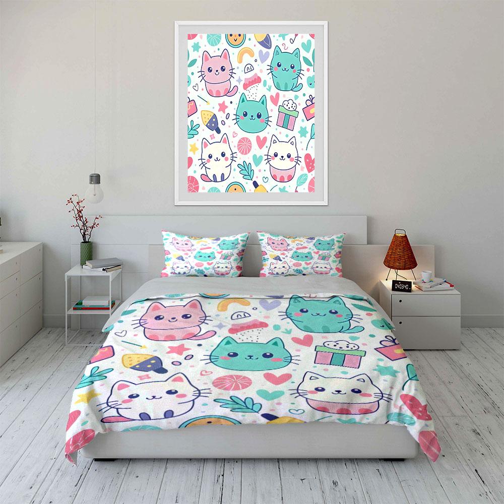 Cute Cartoon Cats Home Decor Soft Skin-Friendly Bedding Set Includes 1 Duvet Cover And 2 Pillowcase, Gift