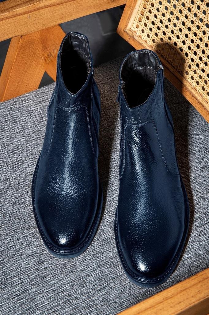 Мужские модные ботинки на плоской подошве из натуральной кожи, ботинки «Челси» с противоскользящей подошвой, повседневные ботинки «Челси» на молнии, темно-синие туфли