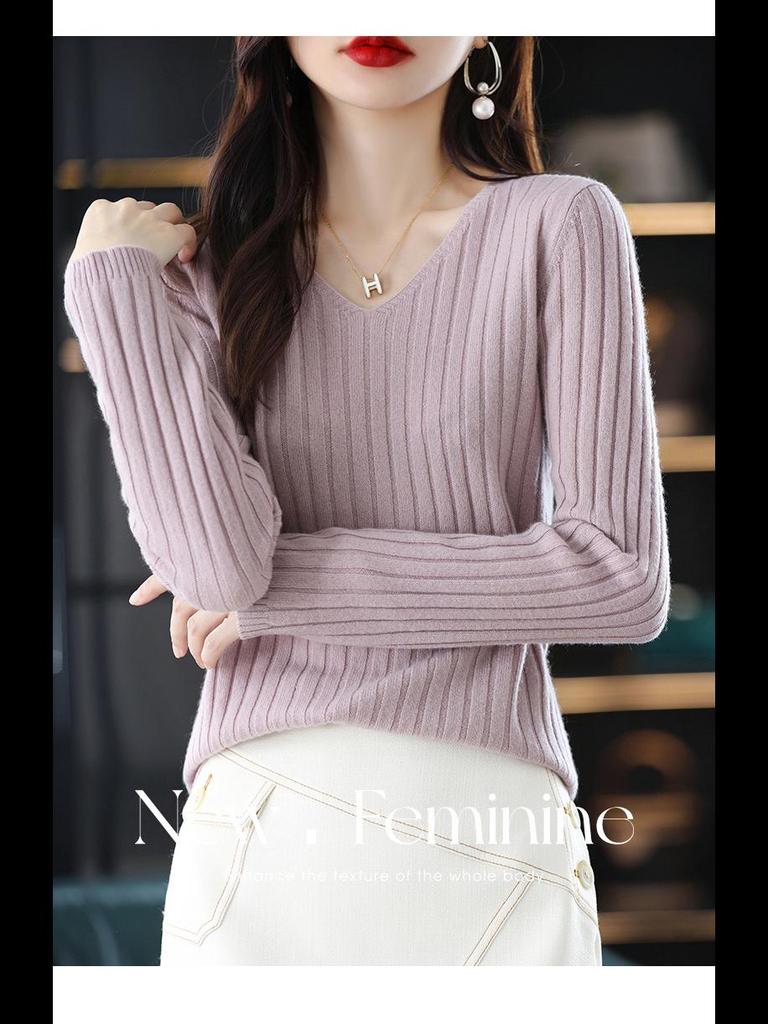 Женский трикотажный свитер с V-образным вырезом и длинными рукавами