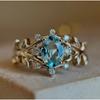 Luxury New Gold-plated Inlaid Aquamarine Single Ring, Leaf Shape Creative Women's Ring Simple and Fashionable