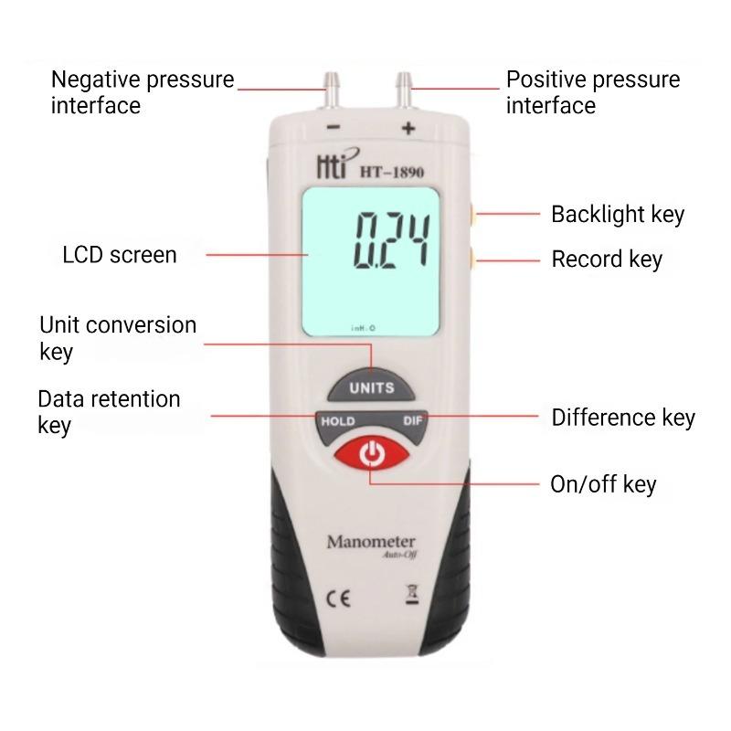 Digital HT1890 Differential Pressure Gauge Handheld Manometer for Automotive Repair Pipe Pressure Diagnostic Instrument