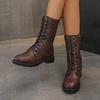 Women's Fashion Chunky Single Boots Autumn New Round Front Lace-up Side Zipper Soft Sole Non-slip Mid-calf Boots