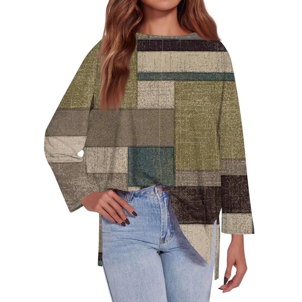 Женская модная свободная футболка большого размера с круглым вырезом и длинным рукавом, с геометрическим узором по бокам, с принтом, повседневный топ