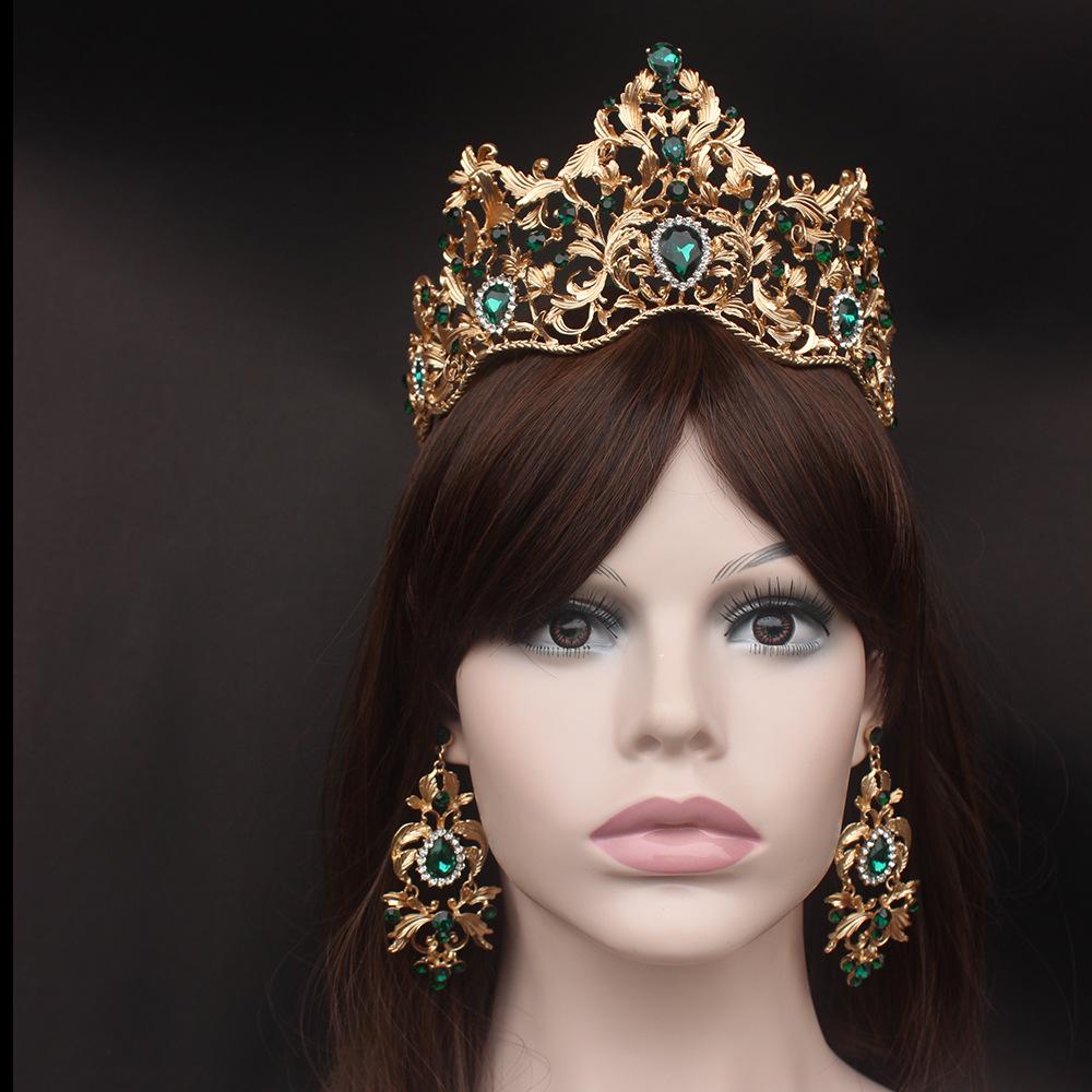 Свадебные украшения в европейском стиле, комплект из двух предметов: большая корона, тиара и серьги в стиле барокко из благородного золота в стиле ретро с множеством стразов
