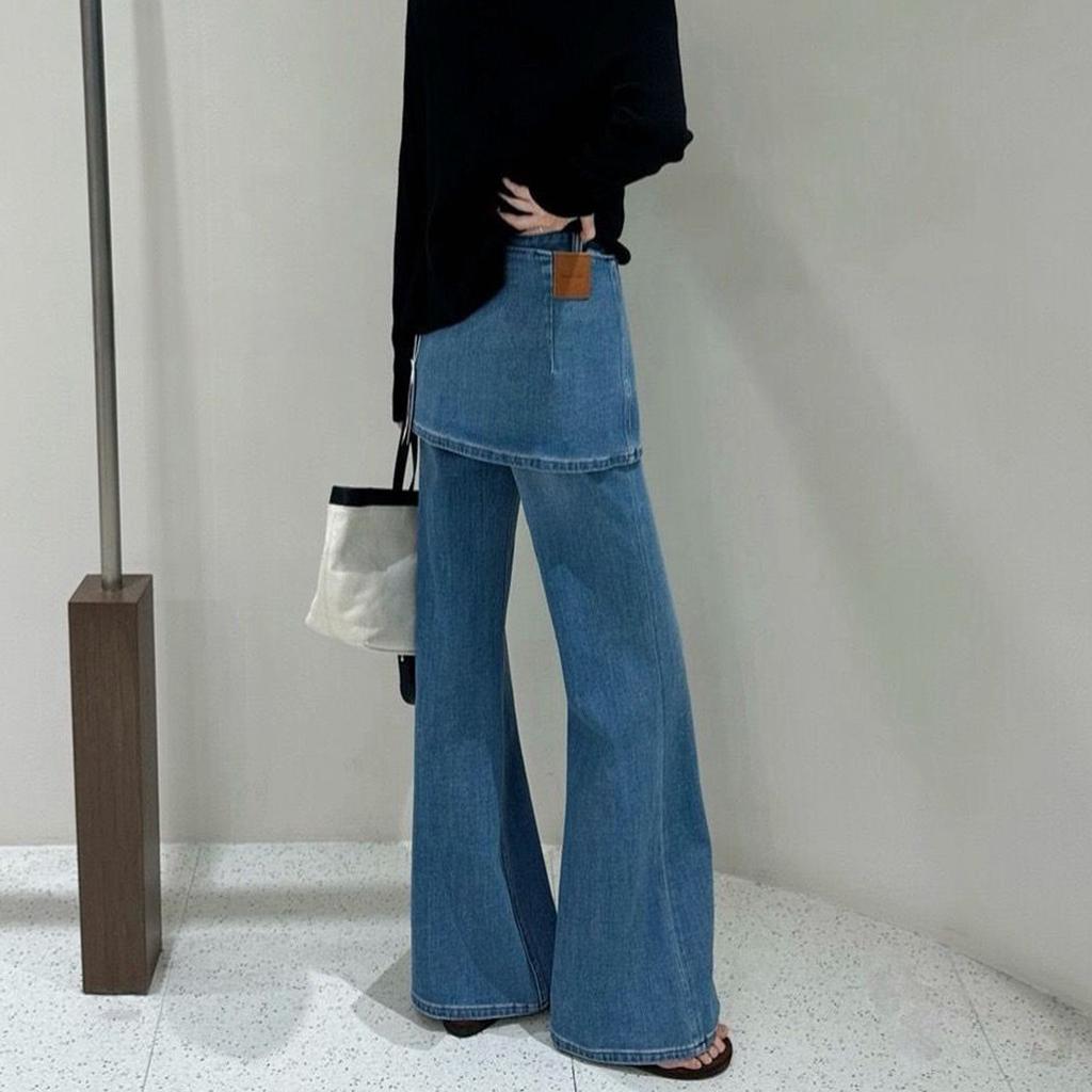 Korean lazy style denim skirt pants early autumn new loose straight drape floor pants high waist and thin versatile trousers