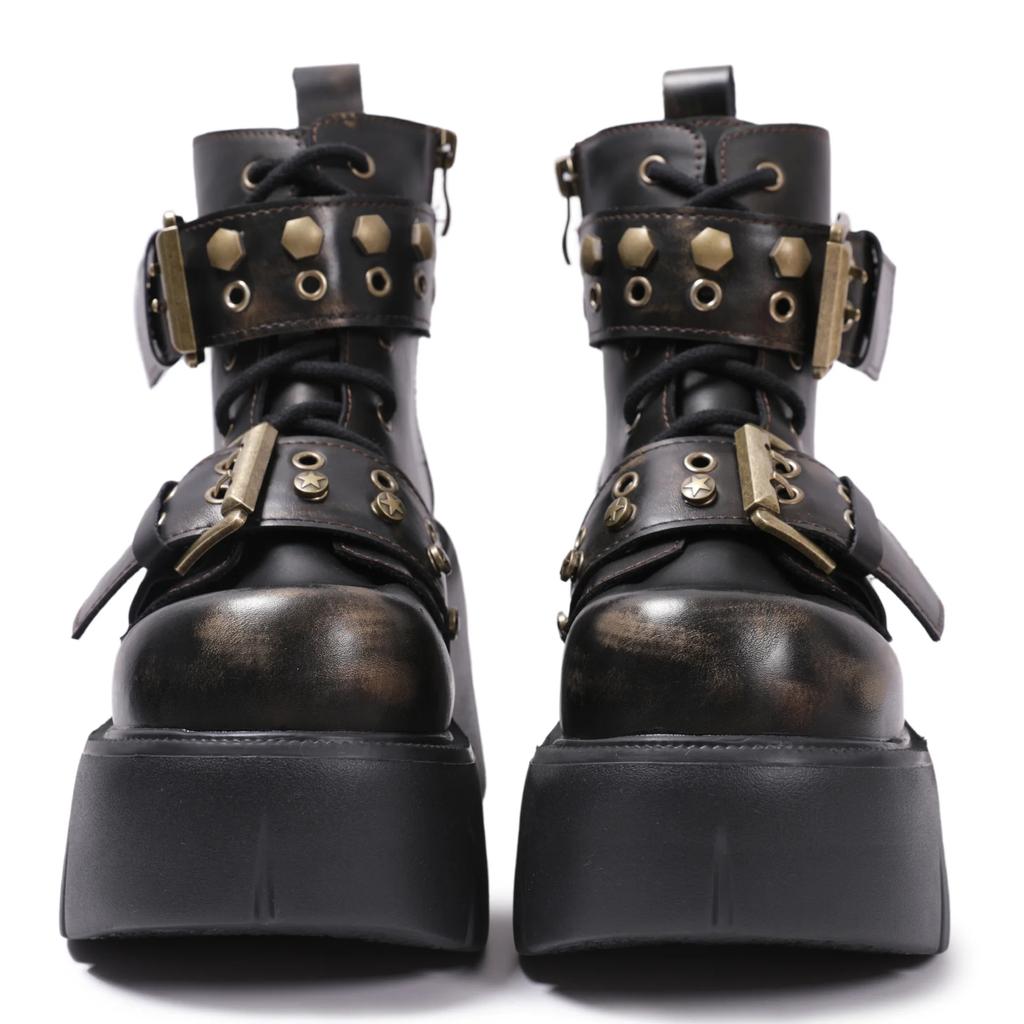 Fashion Punk Style Women Boots Lace-up Heel Height Platform Shoes Woman Gothic Ankle Rock Boots Metal Decor Man And Woman Sneakers 2025
