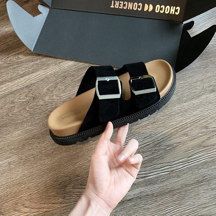 2024 новые летние ретро-тапочки на плоской подошве с квадратной пряжкой, регулируемые, женские, удобные