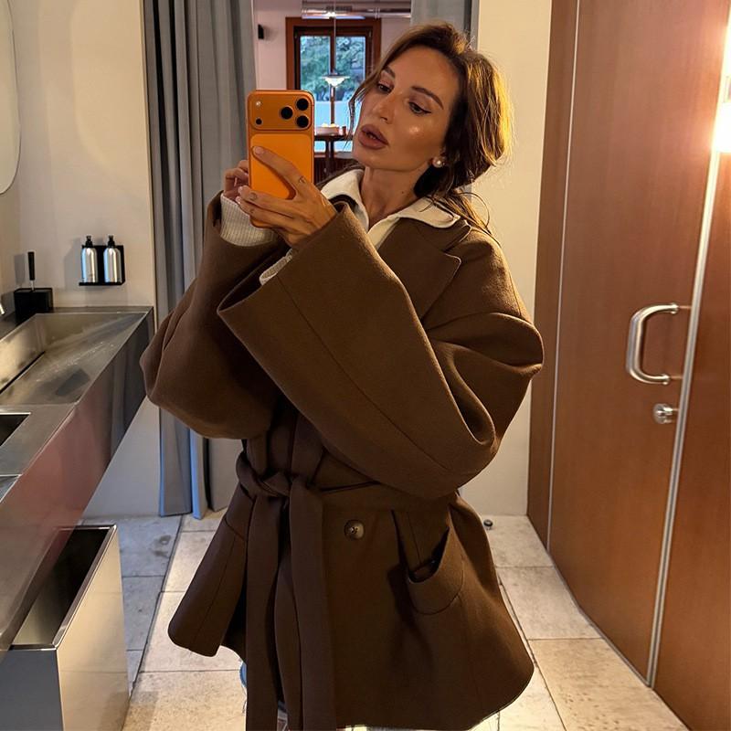 Womens Oversized Wool Blend Coat With Notched Lapel Sweet Style Long Sleeve Winter Outerwear