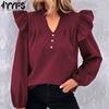 Women's Fashion Casual Solid Color Print Long Sleeve V-Neck Blouses & Shirts