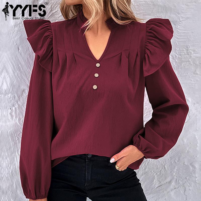 YYFS Women's Fashion Casual Solid Color Print Long Sleeve V-Neck Blouses & Shirts