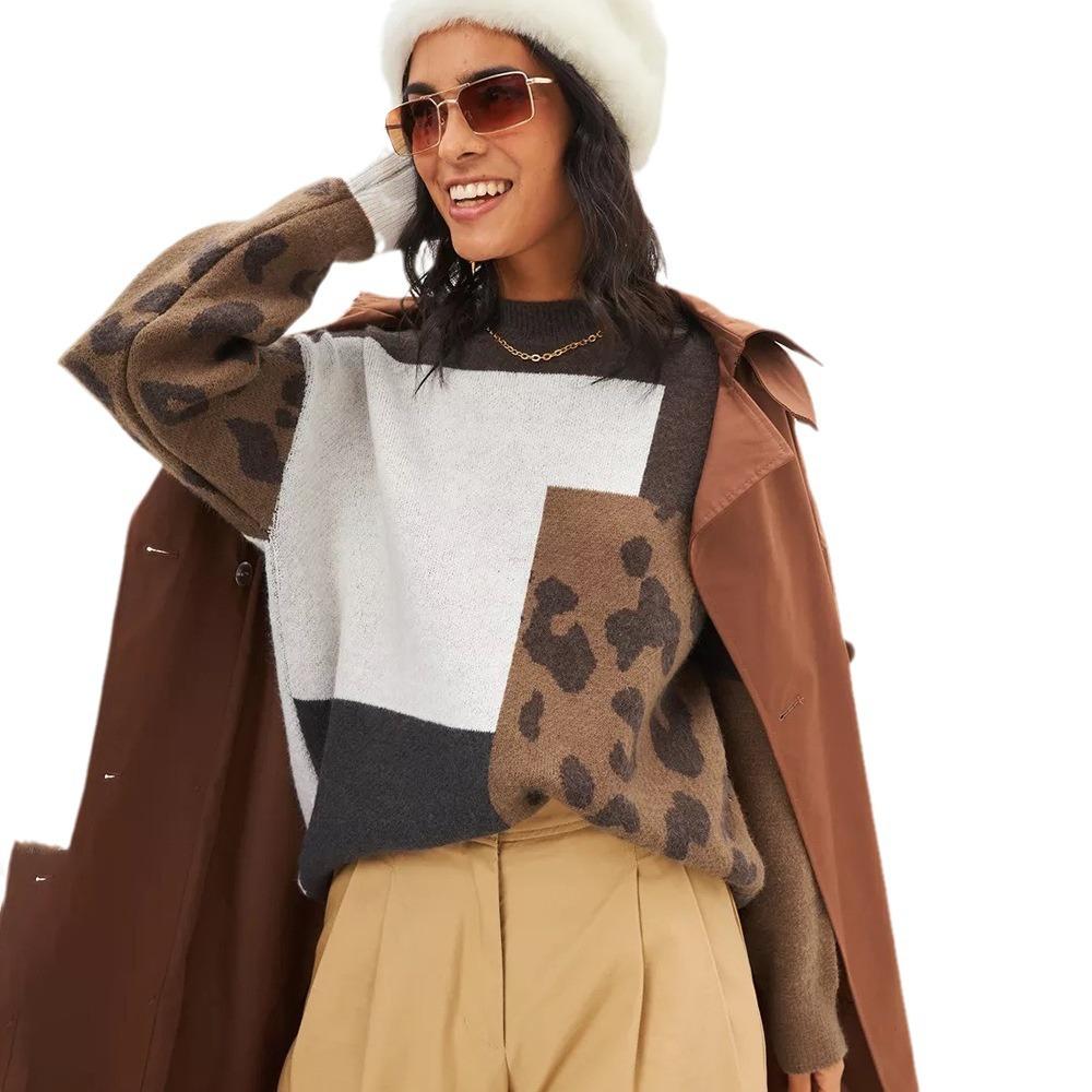 GMXIA Джемпер женский леопардовый принт осень и зима ретро свободная верхняя одежда ленивый ветер вязание темперамент пуловер топы