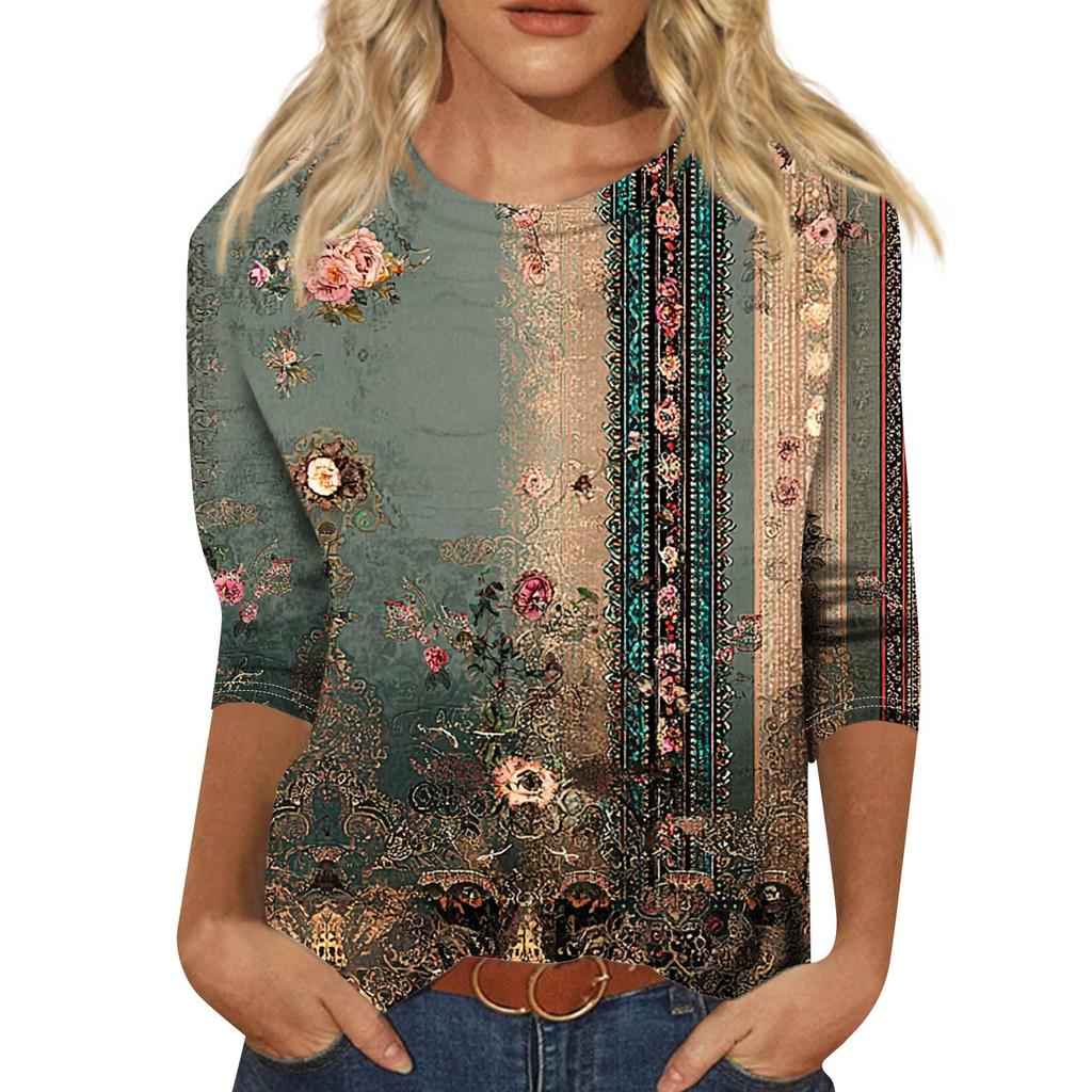 Trendy Vintage 3/4 Sleeve Top For Women,Ladies Casual Three Quarter Sleeve Round Collar Printed T-Shirt Blouse