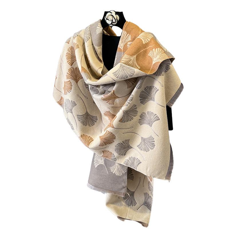 Comfortable Imitation Cashmere Scarf Women'S Versatile Elegant Ginkgo Leaf Scarf Thickened Warm Shawl Scarf