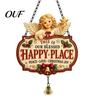 Christmas Sign with Bell Hanging Sign, Happy Place Front Door Bell, Indoor Outdoor Seasonal Wooden Welcome for Farmhouse Holiday Home Wall Decoration