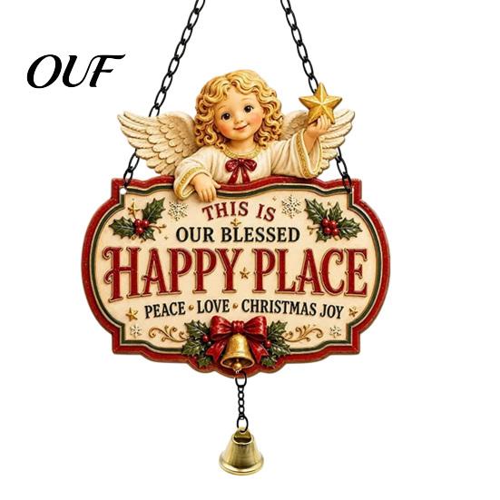 Christmas Sign with Bell Hanging Sign, Happy Place Front Door Bell, Indoor Outdoor Seasonal Wooden Welcome for Farmhouse Holiday Home Wall Decoration