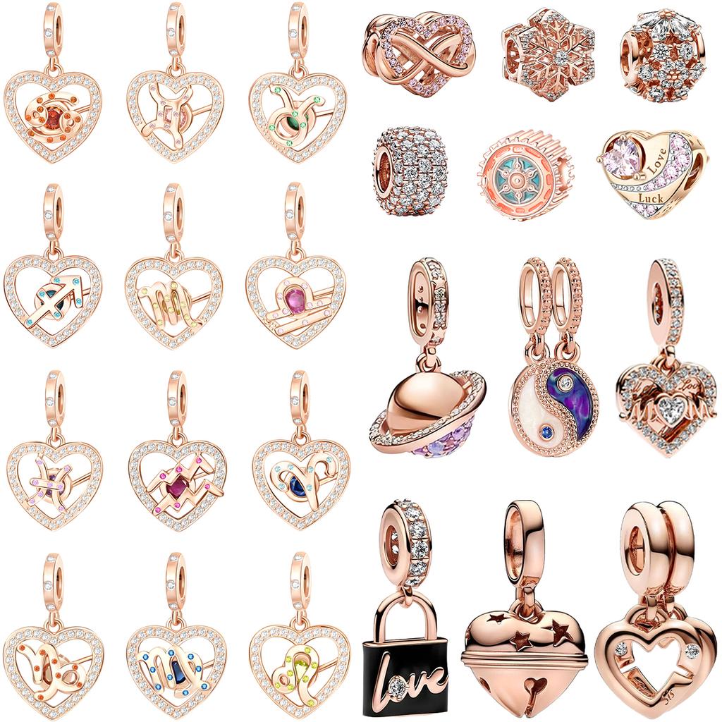 Сверкающие медные шармы розовое золото снежинка сердце камень рождения бусина для женщин ожерелье браслет своими руками подарок ювелирные изделия