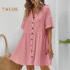 Женское платье-рубашка с коротким рукавом, V-образным вырезом, застегивающимся на пуговицы, летнее повседневное струящееся пляжное платье-сарафан