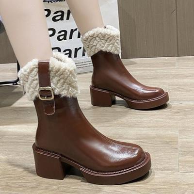 Ботильоны на меховой платформе, высокие каблуки, кожаные туфли, зимние плюшевые теплые туфли для женщин 2025 года, трендовые готические туфли «Челси» на толстой подошве, женские ботинки