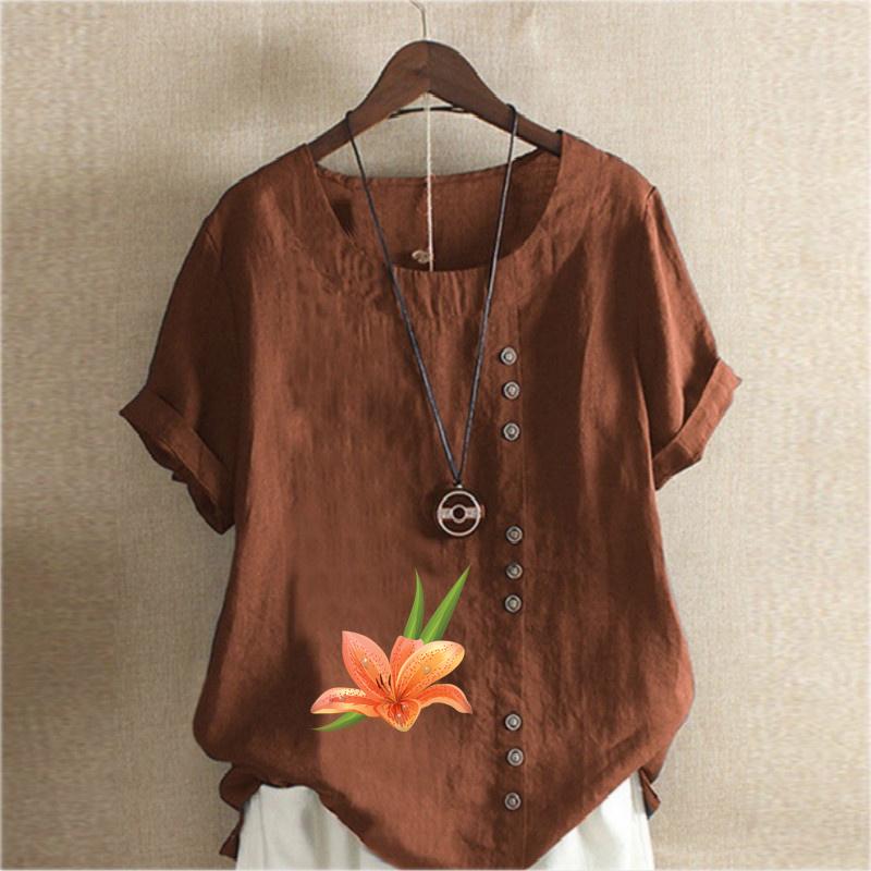 Women's Fashion Round Neck Short Sleeve T-shirt Casual Cotton Linen Graphic Shirt Flower Prined Summer Blouse Tops Plus Size