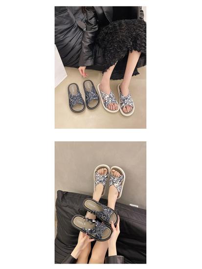 Женские летние шлепанцы на толстой подошве: Новый Китайский Стиль, Платформа-Бисквит, Белый/Черный