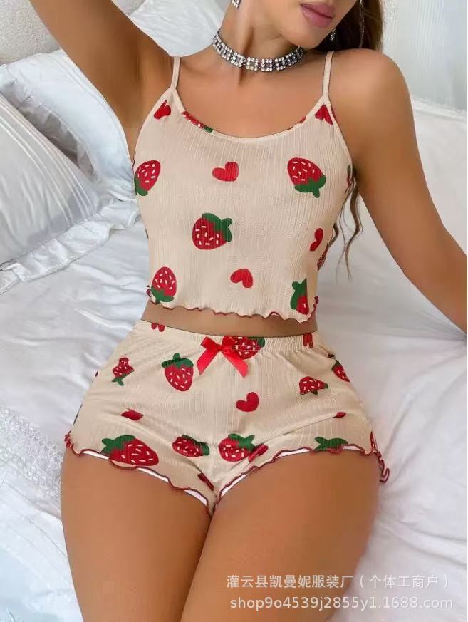Cherry temptation hot-selling loungewear love print suspender shorts casual wear women's pajamas set