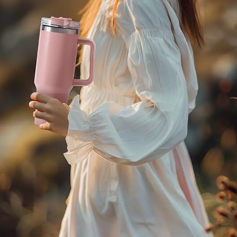 1200 ml thermal mug with handle and straw - pink large capacity