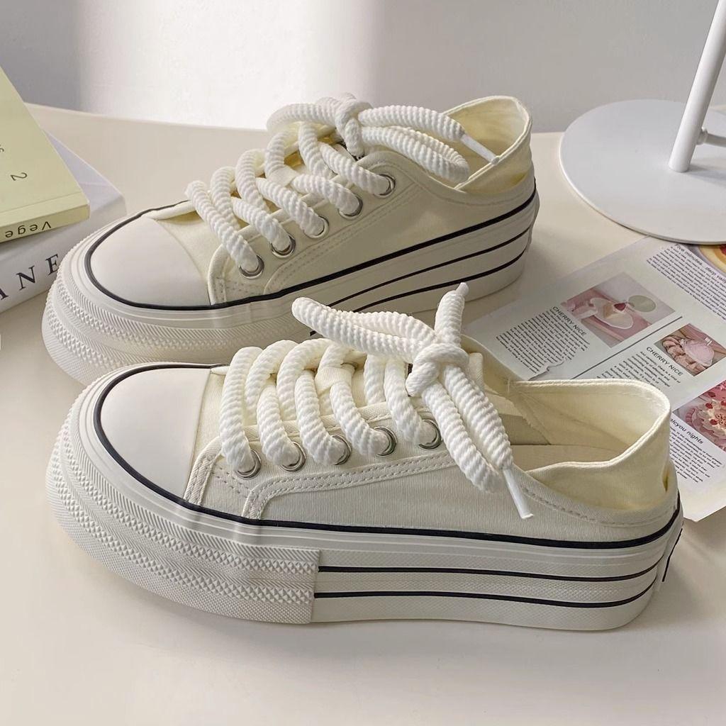 Кремово-белые туфли на платформе с двумя носками из парусины, женские, новые осенние туфли 2024 года, дышащие, полудышащие, с одной педалью, белые туфли