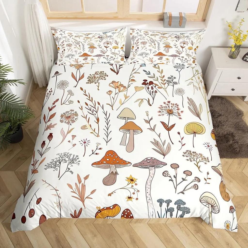 Comforter Cute Mushroom Bedding Set King Queen Size Botanical Comforter Wild Fungus Colorful Plants Leaves
