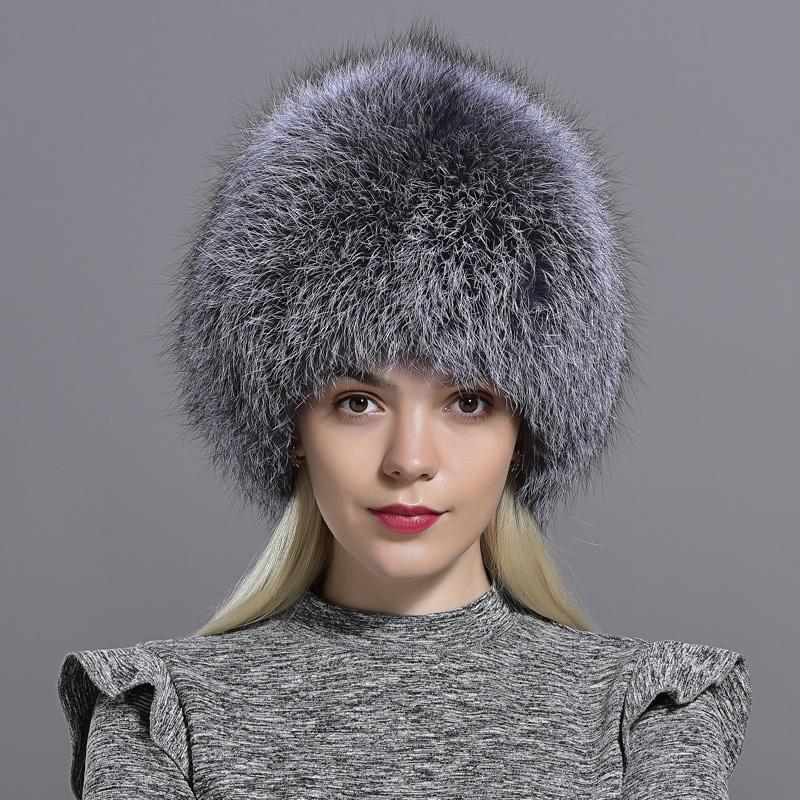 Natural Winter Fox Fur Hats Women Real Silver Fox Knit Beanie Hat Balaclava Lady Winter Snow Cap Luxury Brand Caps Gorro Masculi