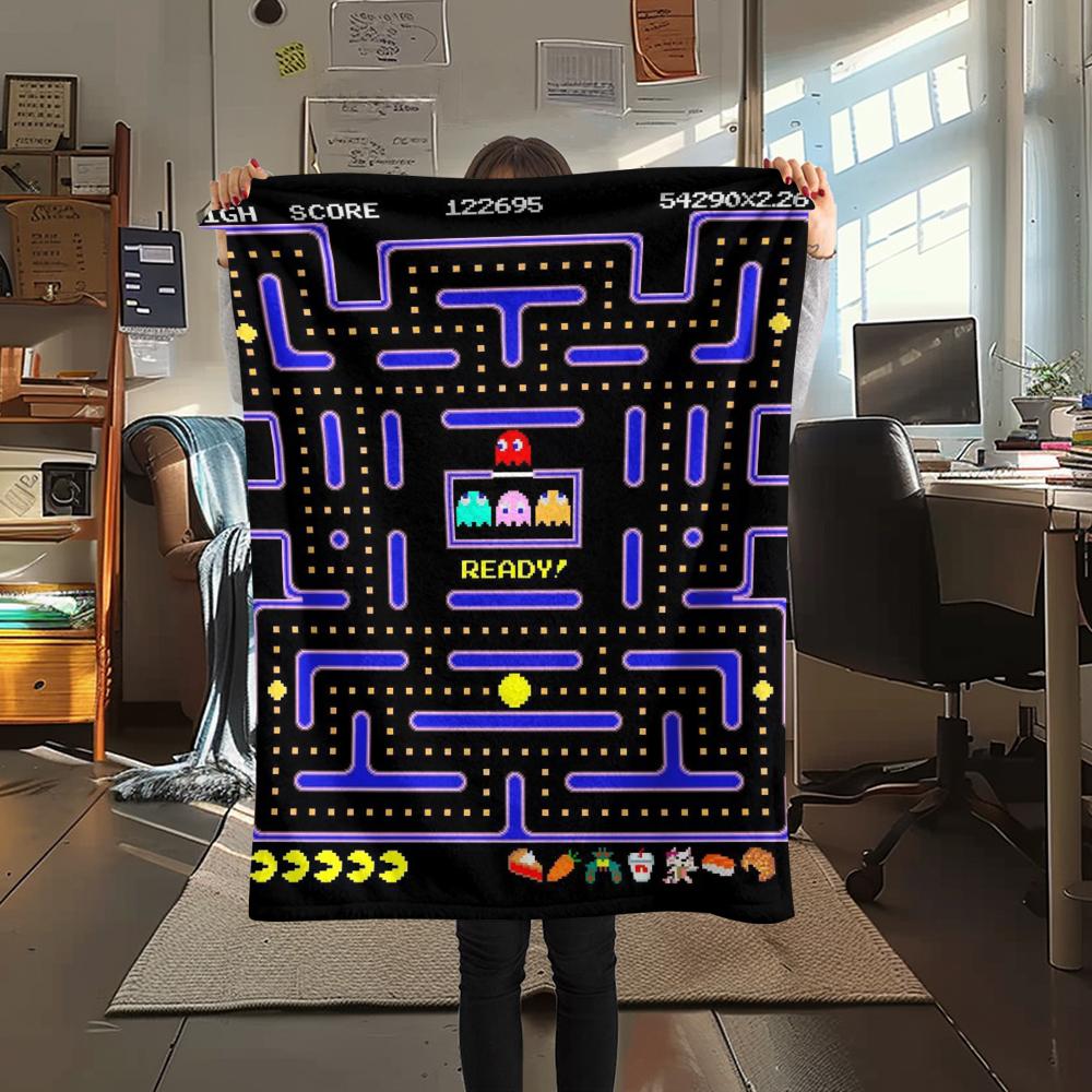 1 шт. Фланелевое одеяло с принтом Pacman, Высококачественное, Удобное для всех сезонов, Декор для дома, Тепло и уют, Идеально для подарков