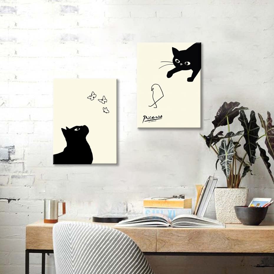 Picasso Cat and Chick Paintings, Set of 2, Art Panel, Cat Catching a Bird, Art Panel, Art Frame, Modern Poster, Decorative Painting, Canvas, Decorativ