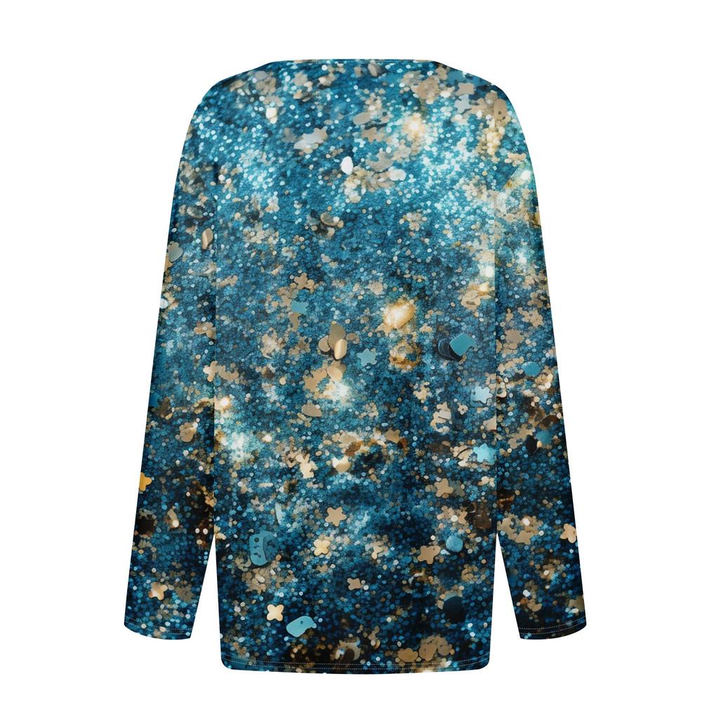 Жен. Футболка Футболка На пуговицах С принтом Длинный рукав Повседневные Выходные Мода Классический V-образный вырез Обычный Топ