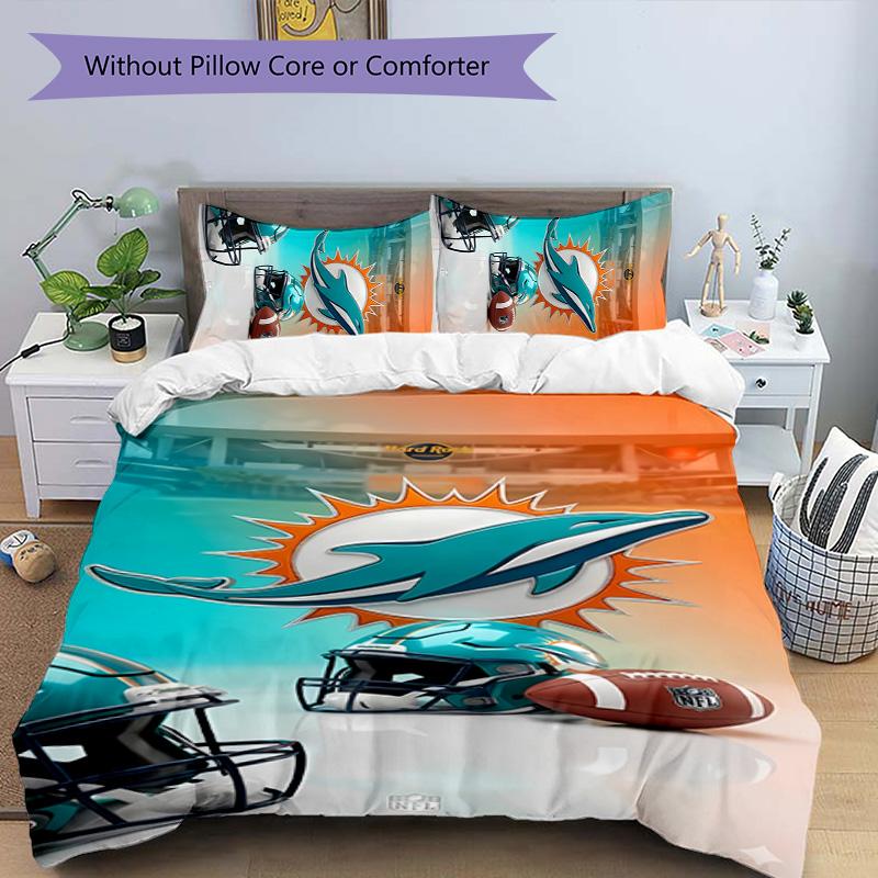 3pcs Miami Dolphins logo pattern bedding set duvet cover set includes duvet cover &pillowcases, perfect all season bedroom decoration & gift