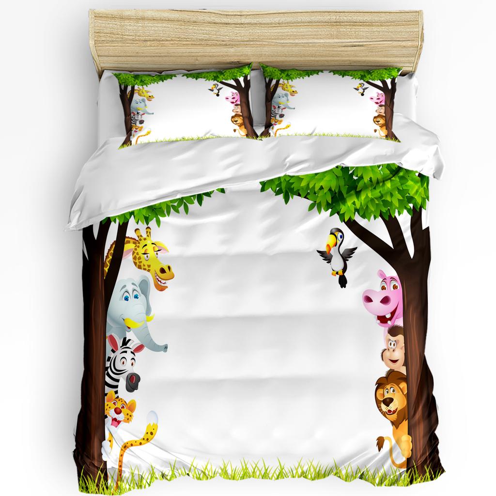 Nursery Bedding Set Comforter Duvet Cover Pillow Shams Funny Playful Jungle Animals Wildlife Mammal Bedding Cover Double Bed Set