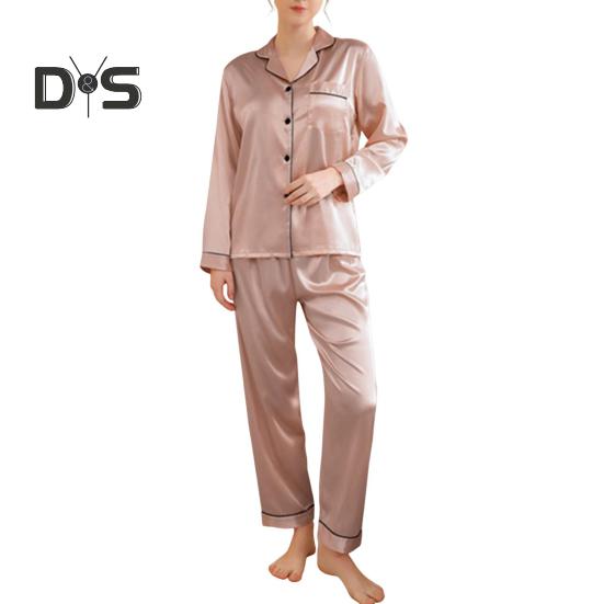 2 шт./комплект пижамный костюм атласный однобортный кардиган рубашка V-образный вырез воротник однотонная рубашка широкие свободные брюки ночная рубашка одежда для сна