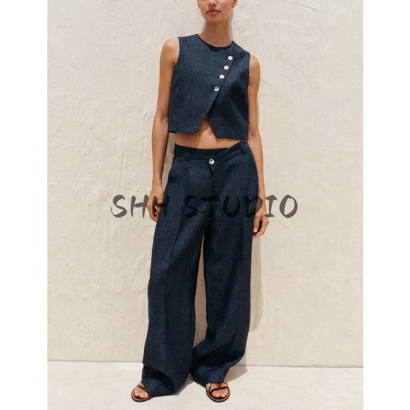 Linen Blend Double Breasted Sleeveless Round Neck Vest Jacket 8129979 Overlapping Waist Casual Pants 8131979