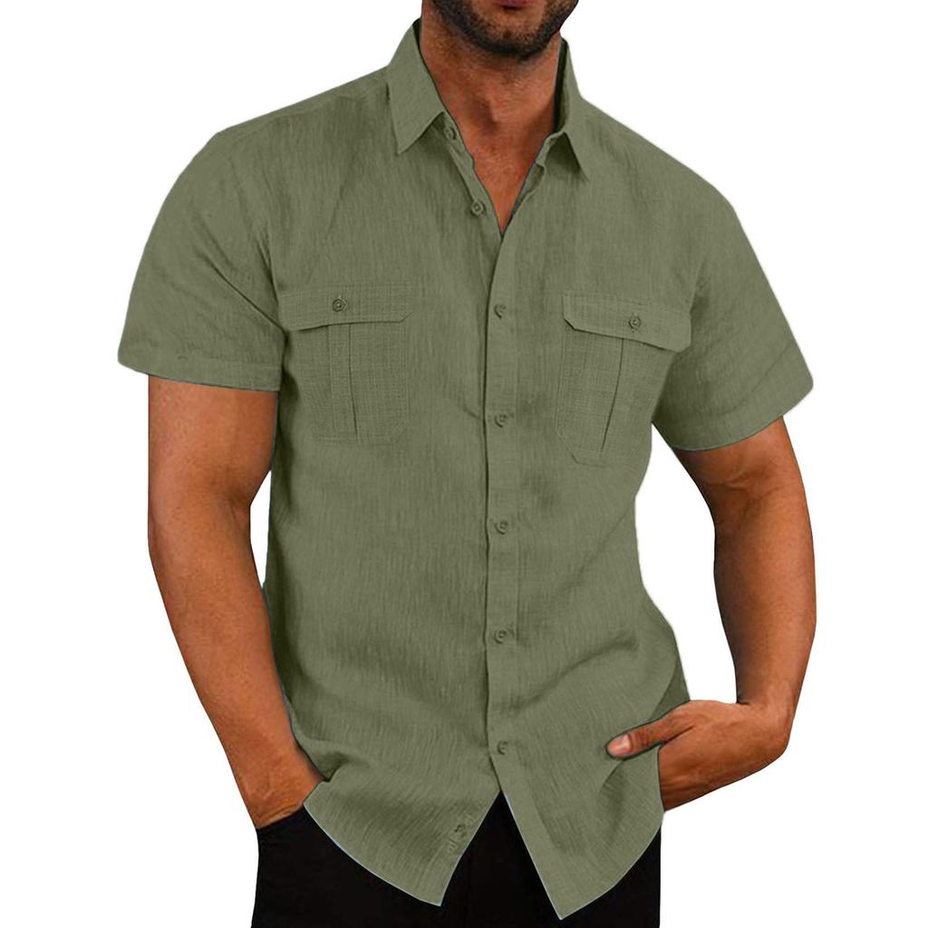 European and American Men's Shirt, Double Pocket Cotton Linen Short Sleeved Shirt, Casual Vacation Shirt