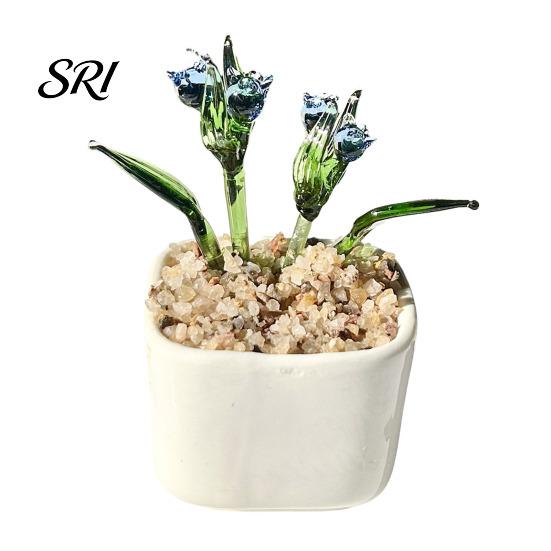 Exquisite Glass Flower Craft Miniature Figurine Hand Blown Mini Bouquet in Small Decorative Plant Pot Collectible Blooming Ornament for Home