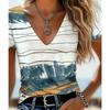 Vintage Women Striped Print T Shirt Short Sleeve V Neck Tops Comfortable T-shirts