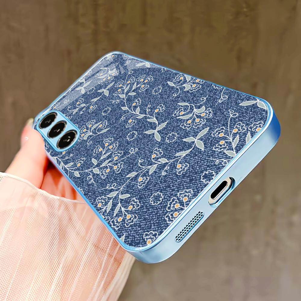 Синий Чехол для телефона с цветами и травой для Samsung Galaxy S26 S25 S24 S23 S22 FE Ultra Plus Стеклянное ощущение Встроенное Стекло Чувство голой машины Мужчины женщины